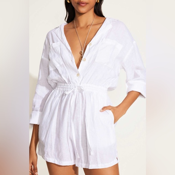 NWOT Vitamin A The Getaway Romper - White EcoLinen Size S $170 - Picture 1 of 7